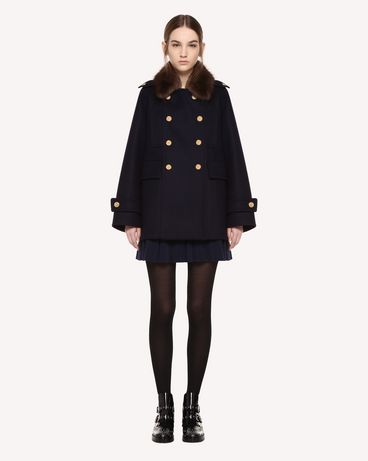 REDValentino Pea Coat in Naval Wool with fur collar