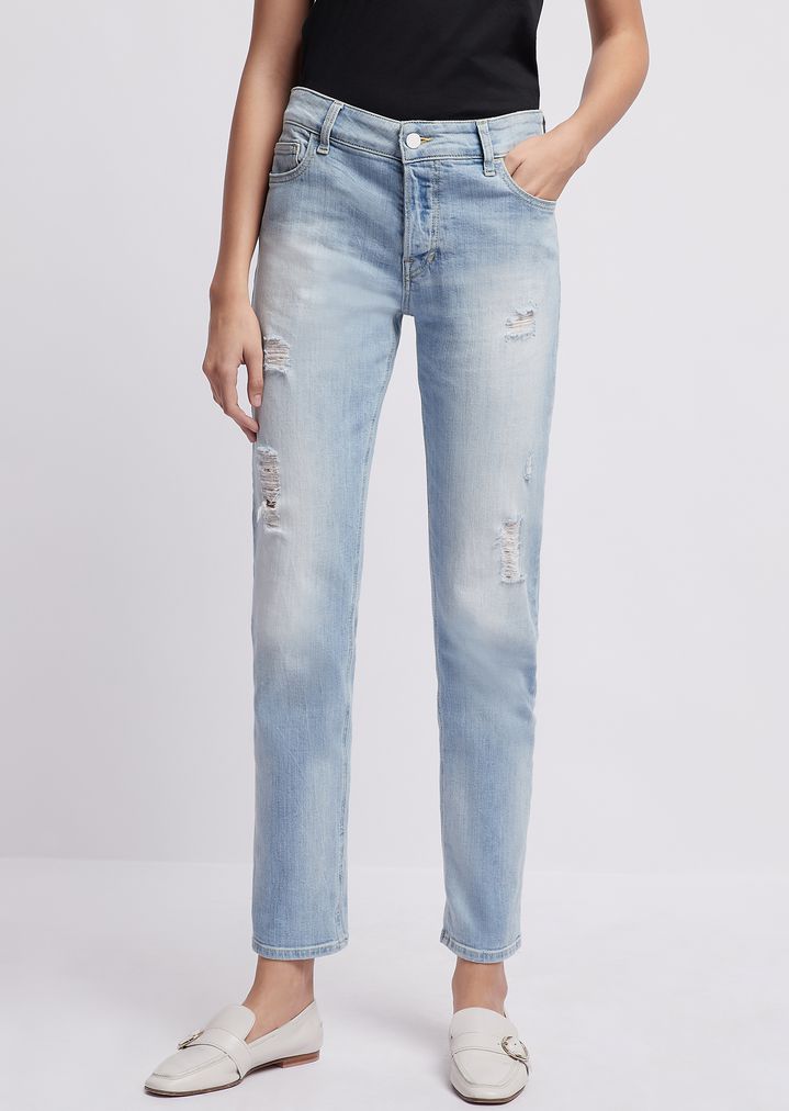 Straight-fit, stone-washed J60 denim jeans with rips | Woman | Emporio ...