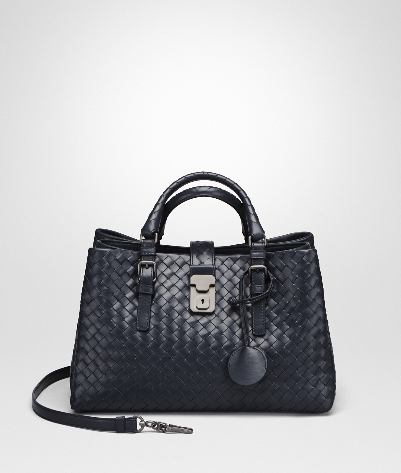 Bottega Veneta® - PRUSSE INTRECCIATO CALF SMALL ROMA BAG