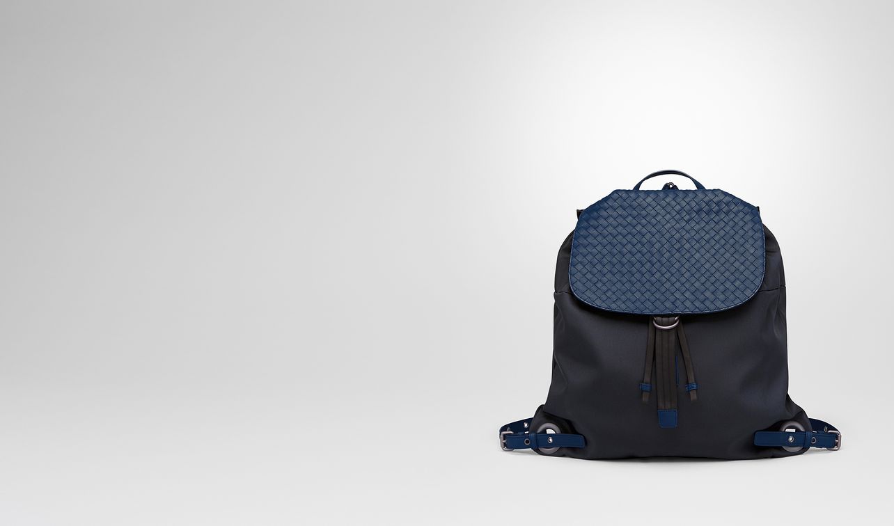 backpack in tourmaline technical canvas and pacific intrecciato calf landing