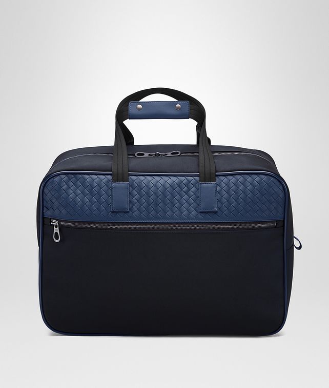BOTTEGA VENETA 토르말린 테크니컬 캔버스 & 퍼시픽 인트레치아토 카프 여행 가방 트래블 백 E fp