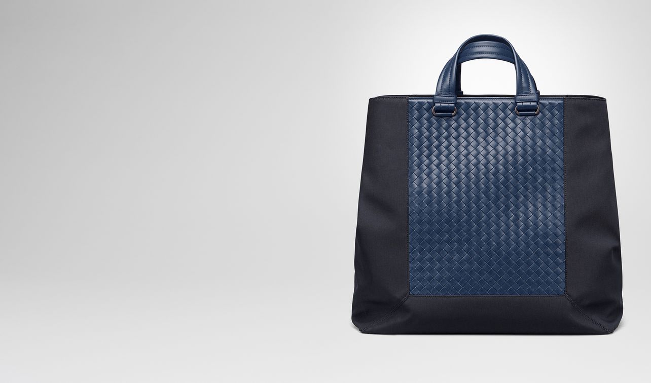 tote bag in tourmaline technical canvas and pacific intrecciato calf landing