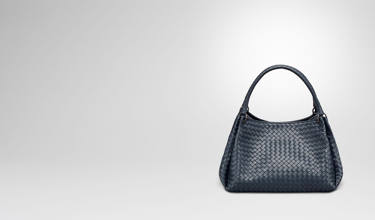 medium parachute bag in denim intrecciato nappa leather landing