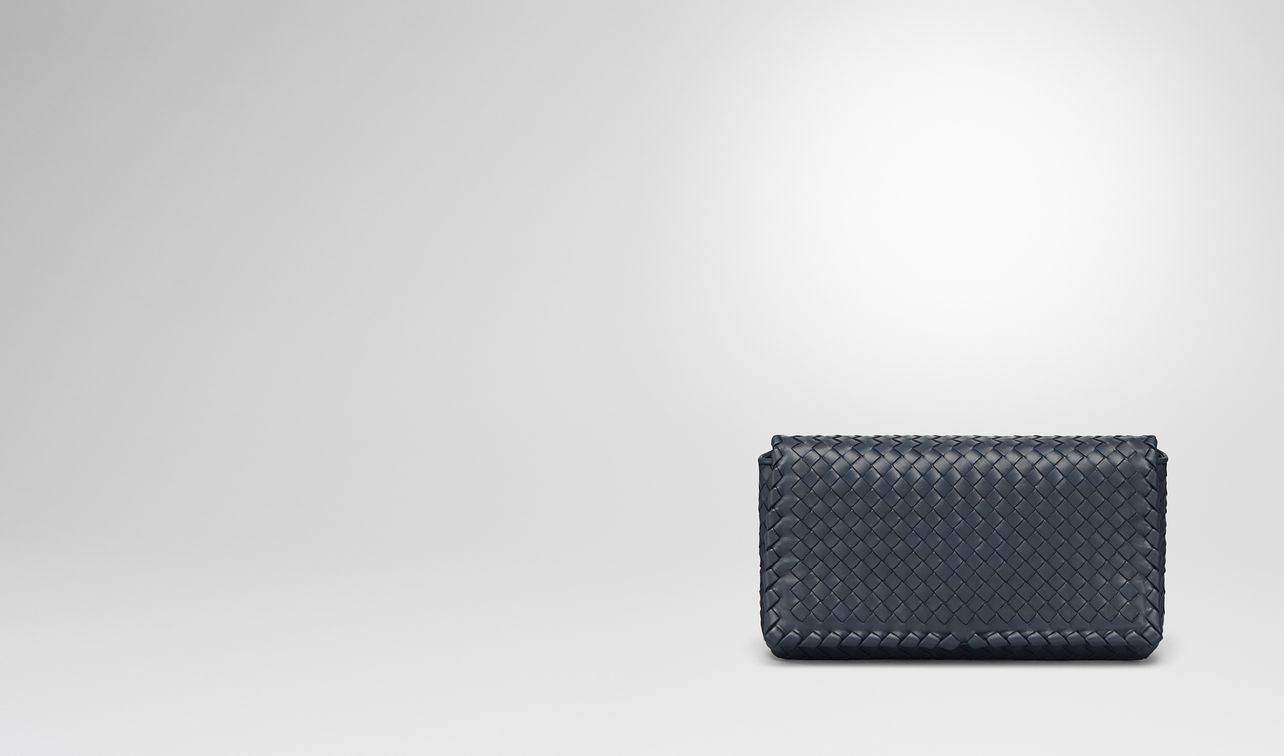 medium clutch bag in denim intrecciato nappa leather landing