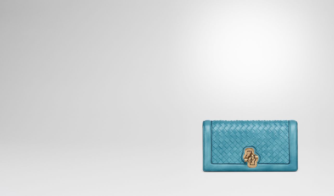 aqua intrecciato nappa top knot clutch landing