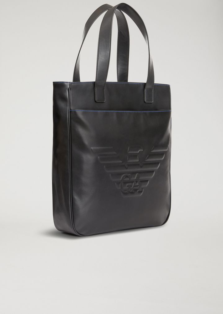 Faux Leather Tote Bag With Maxi Logo Man Emporio Armani Emporio Armani