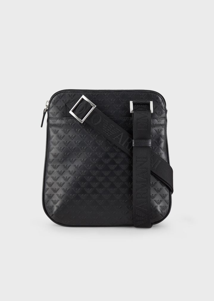 LEATHER CROSSBODY BAG WITH ALL OVER LOGO | Man | Emporio Armani