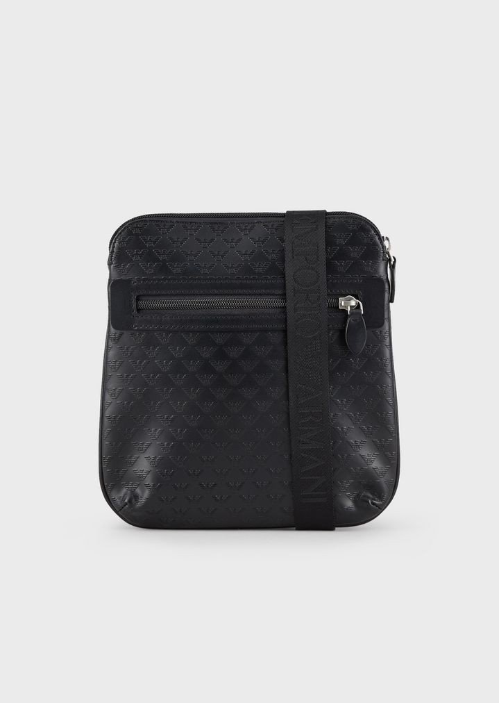 Leather Crossbody Bag With All Over Logo Man Emporio Armani