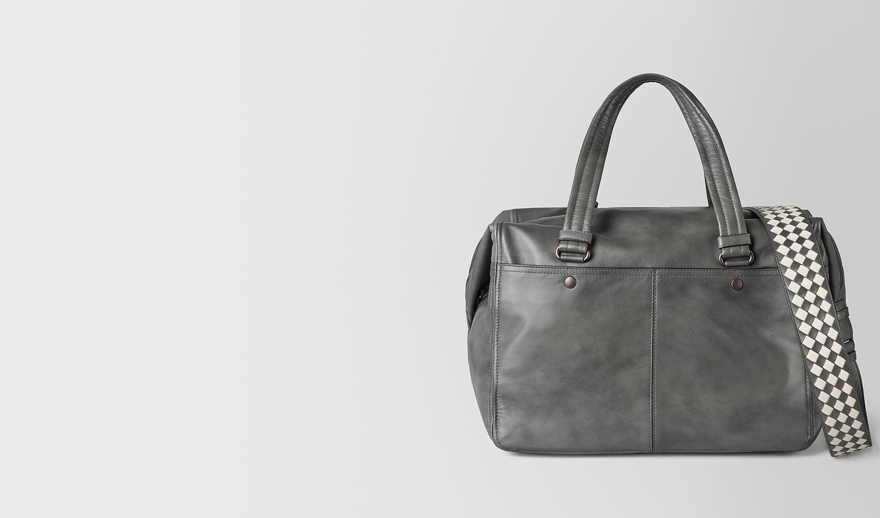 light grey intrecciato checker duffle landing