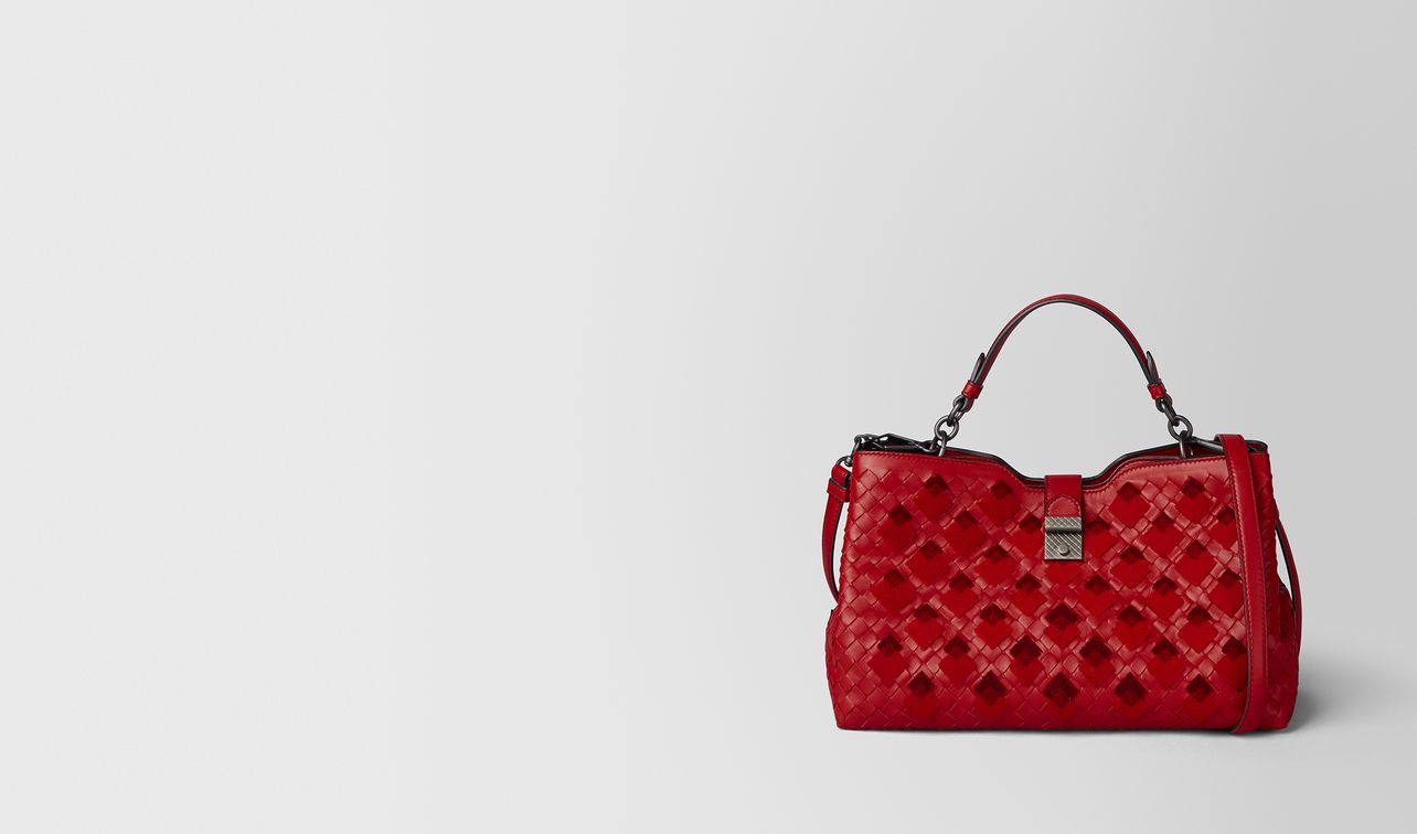 china red intrecciato velvet napoli bag landing