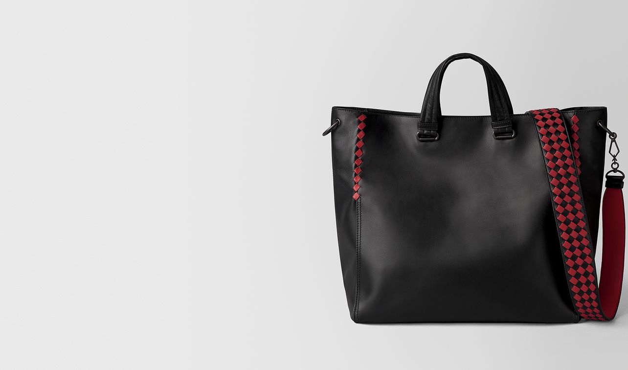 nero/china red calf intrecciato checker bv tote landing