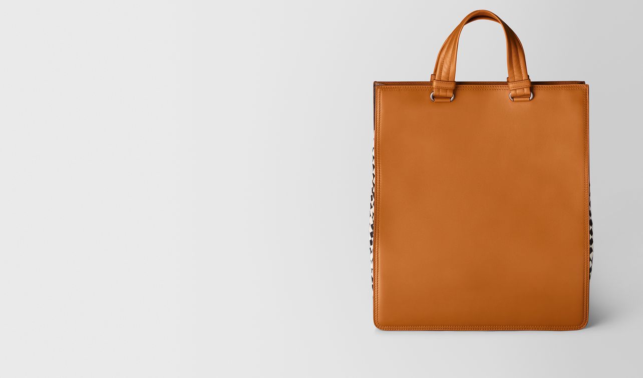 orange calf intrecciato checker tote landing