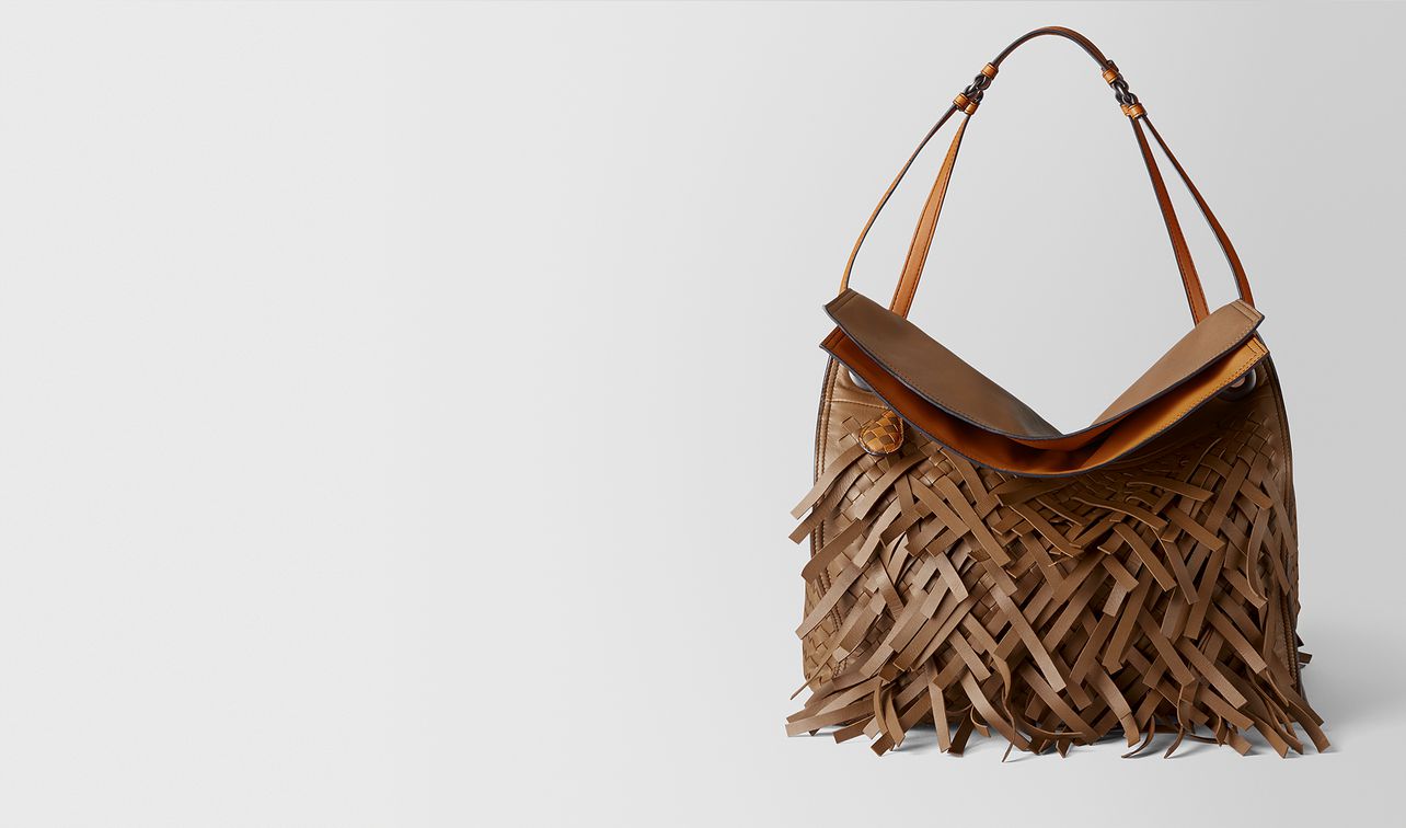 dark leather intrecciato fringe tote landing