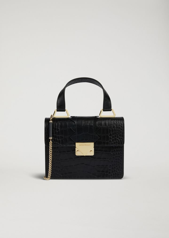 Minibolso de piel con estampado de cocodrilo, detalle preformado y bandolera Minibolso de piel con estampado de cocodrilo, detalle preformado y bandolera