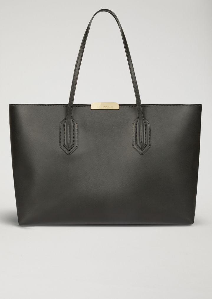 Leather Tote Bag With Metallic Logo Detail Woman Emporio Armani