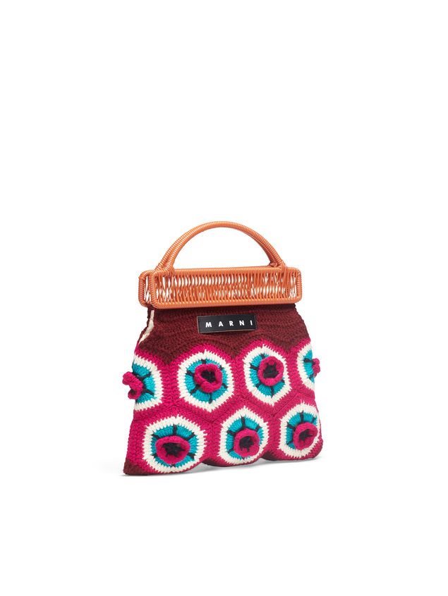 MARNI MARKET Orange Frame Bag In Crochet Wool With Floral Pattern from