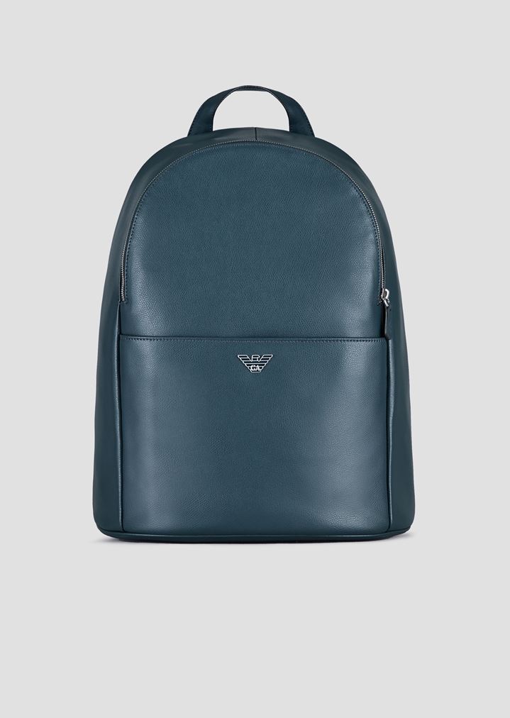 Mochila de piel estampada y graneada con tirantes con logotipo Mochila de piel estampada y graneada con tirantes con logotipo