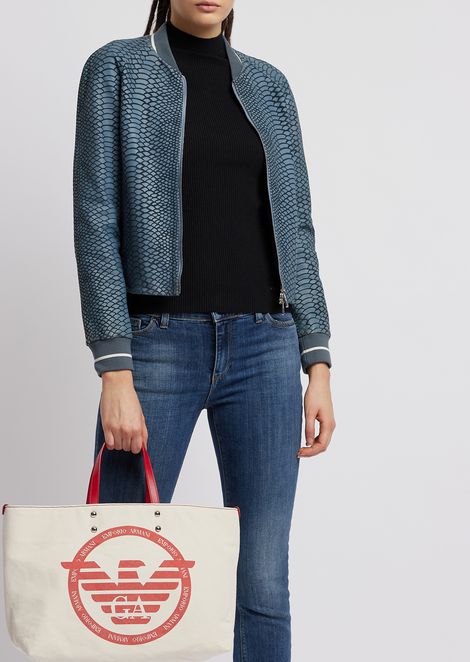 Bolso shopper de lona con maxilogotipo y pochette interior