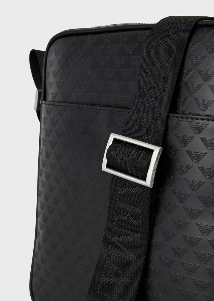 Crossbody bag in leather with logoed allover print Man Emporio Armani