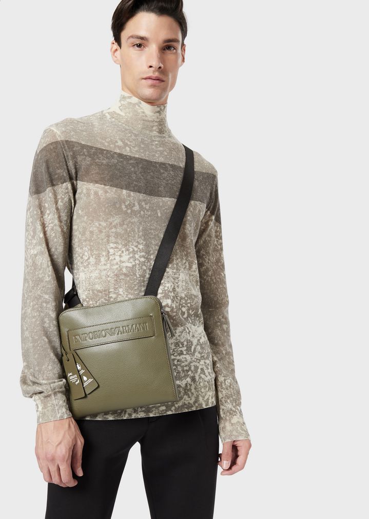 Flat shoulder bag in regenerated leather with embossed logo Flat shoulder bag in regenerated leather with embossed logo