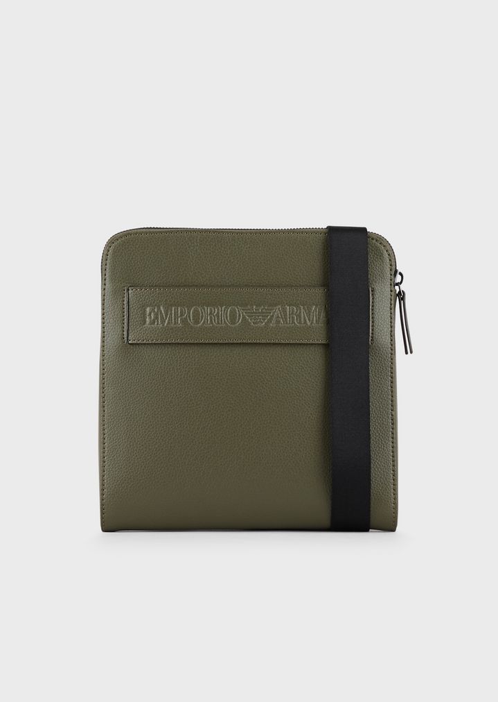 Flat shoulder bag in regenerated leather with embossed logo Flat shoulder bag in regenerated leather with embossed logo
