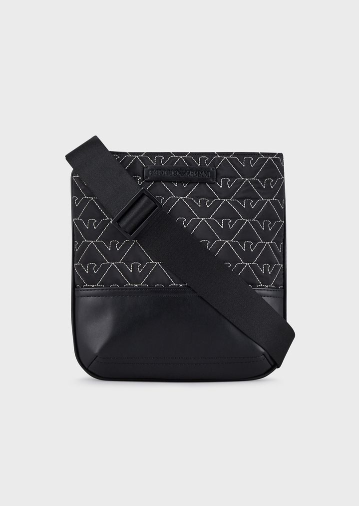 Small Flat Nylon Shoulder Bag With Quilted Eagle