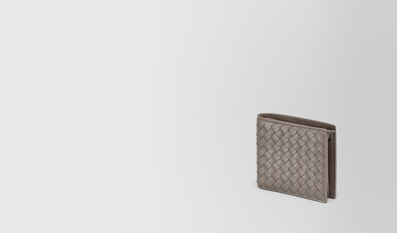 bi-fold wallet with coin purse in steel intrecciato vn landing