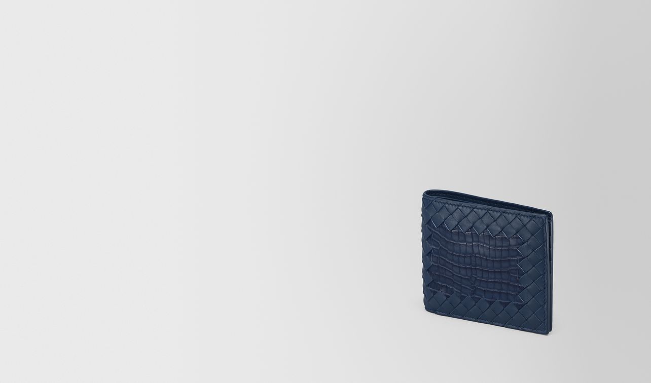 bi-fold wallet in pacific crocodile and intrecciato nappa leather landing