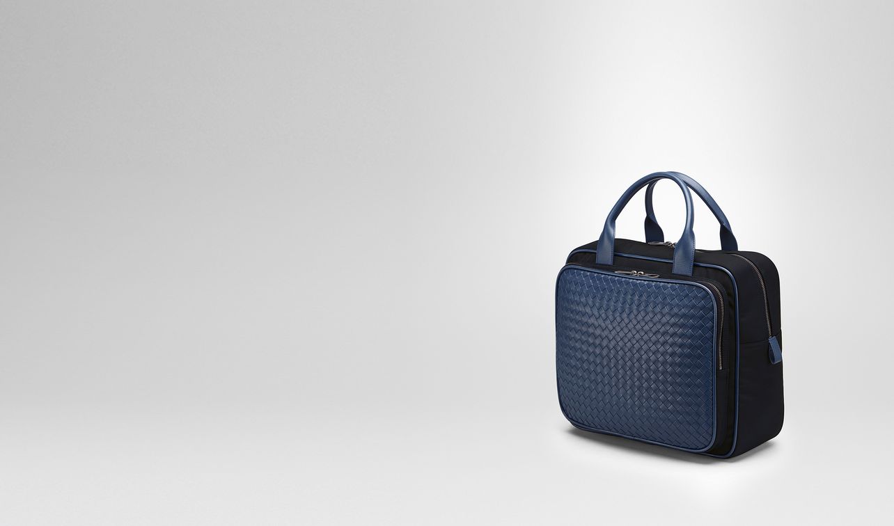 travel bag in tourmaline technical canvas and pacific intrecciato calf landing