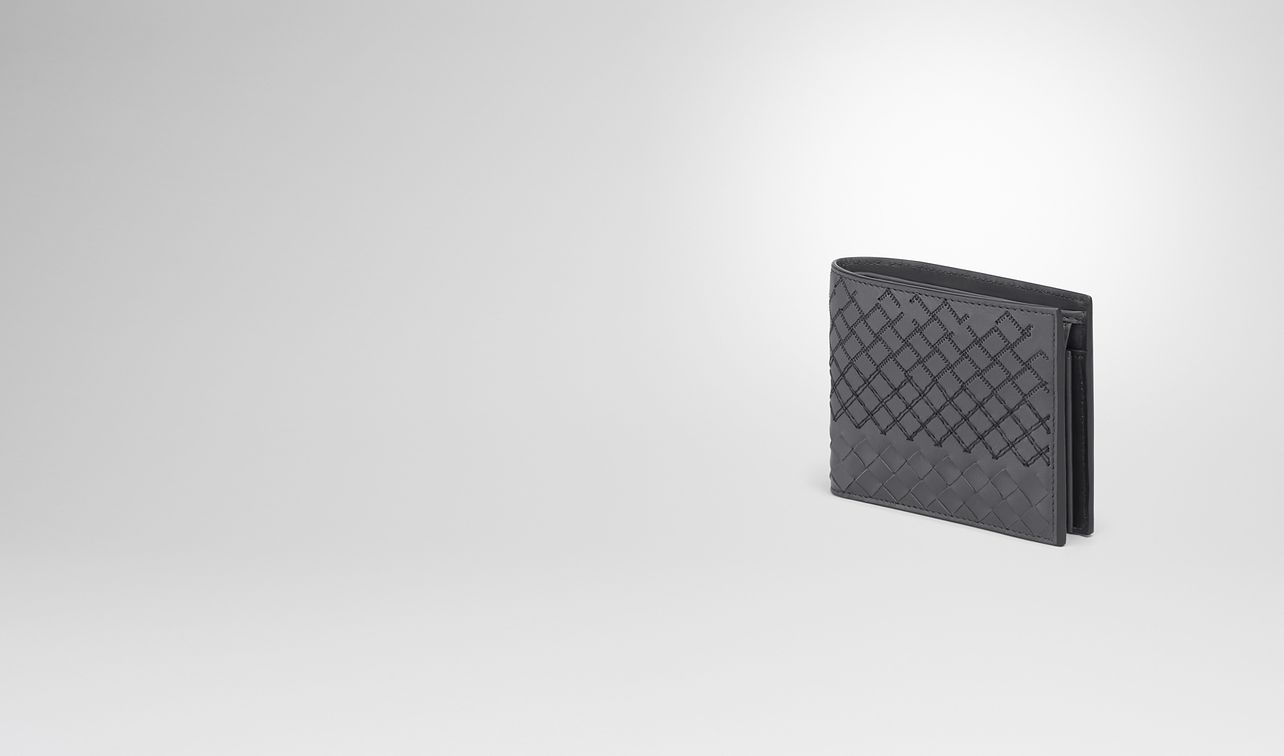 bi-fold wallet with coin purse in ardoise intreccio aurelio calf, embroidery details landing