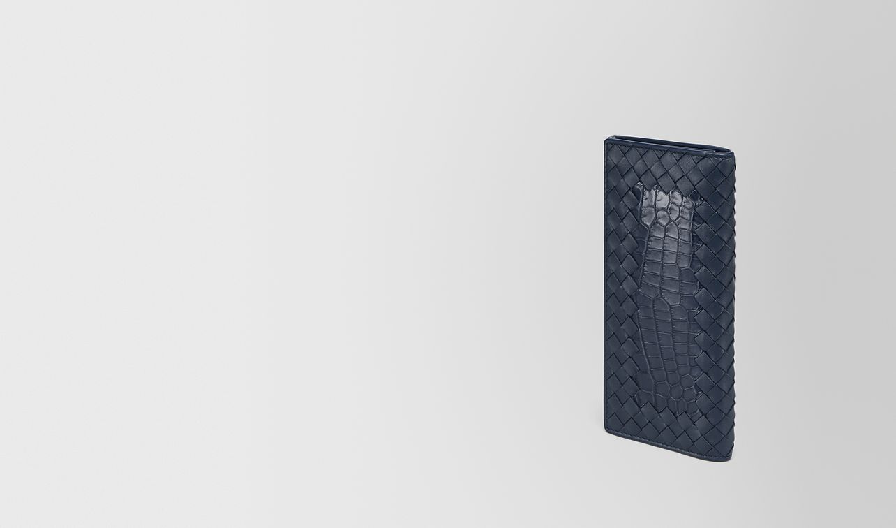 continental wallet in denim crocodile and intrecciato nappa landing