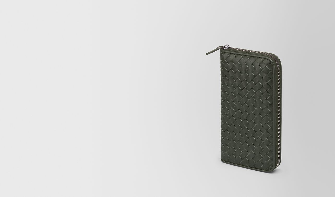 dark moss intrecciato zip-around wallet landing