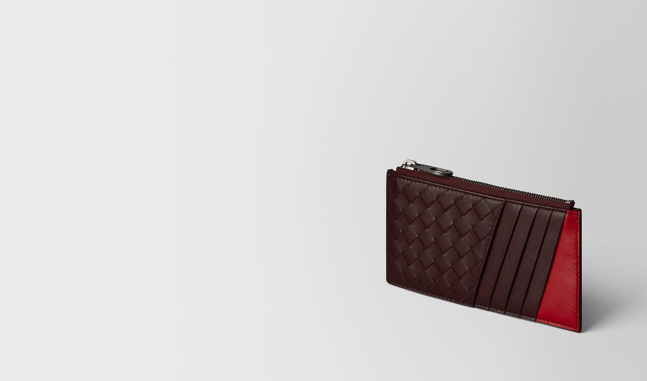 dark barolo/china red intrecciato nappa card case landing