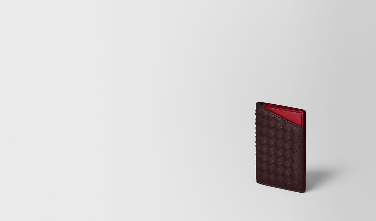 dark barolo/china red intrecciato nappa card case landing