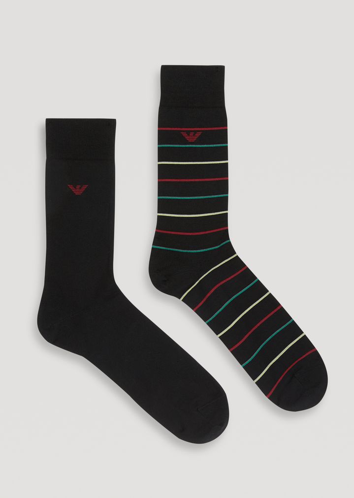 Juego de dos pares de calcetines de algodón stretch de rayas y de color liso Juego de dos pares de calcetines de algodón stretch de rayas y de color liso