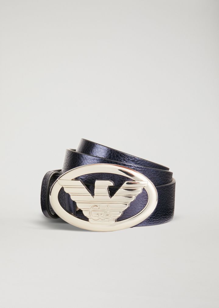 Cinturón de piel laminada con hebilla de gran tamaño con logotipo Cinturón de piel laminada con hebilla de gran tamaño con logotipo