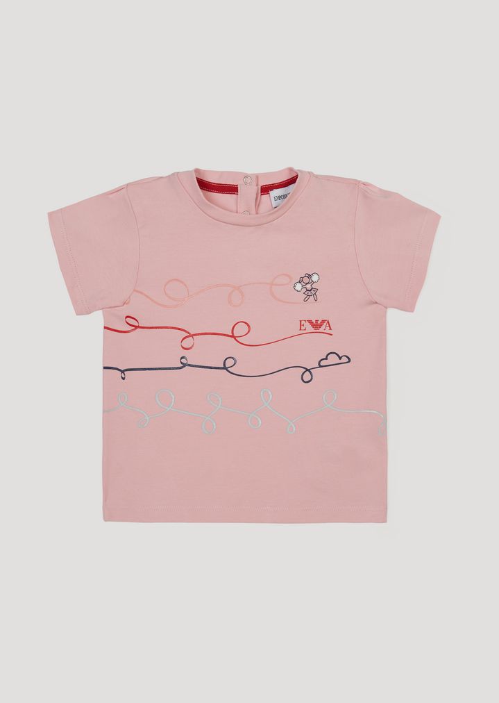 Camiseta de algodón con estampado de animadoras y pequeñas nubes Camiseta de algodón con estampado de animadoras y pequeñas nubes