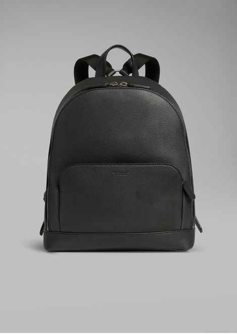 Men S All Bags Giorgio Armani Backpack In Grainy Calfskin With Embossed Logo