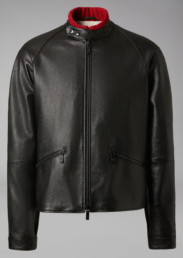 Buffalo Leather Jacket With Knit Collar Detail Man Giorgio Armani Giorgio Armani Buffalo Leather Jacket With Knit Collar Detail Man R