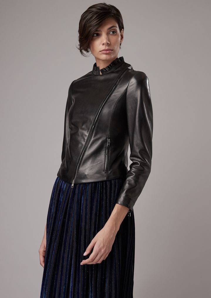 Biker Jacket Made Of Plongé Lambskin Nappa Leather Woman Giorgio Biker Jacket Made Of Plongé Lambskin Nappa Leather Woman Giorgio Armani