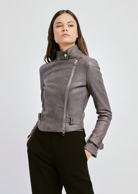 Women S Leather Emporio Armani Biker Jacket In Nappa Leather With Adjustable Belt At The Waist