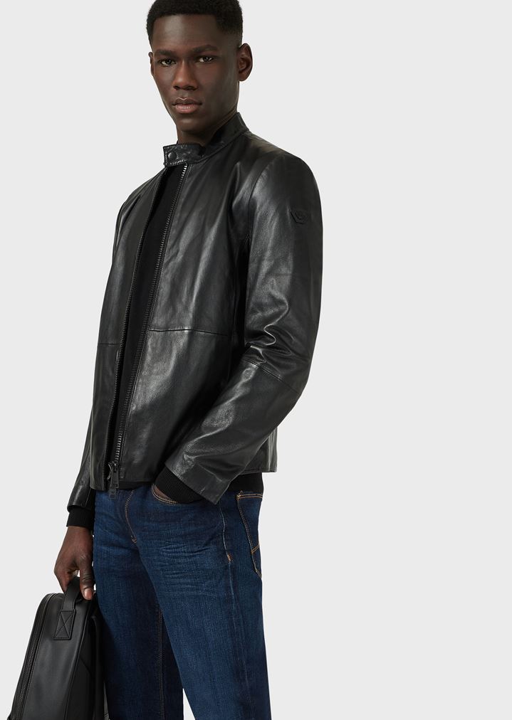 Biker jacket in soft-touch nappa leather with logoed patch | Man ...